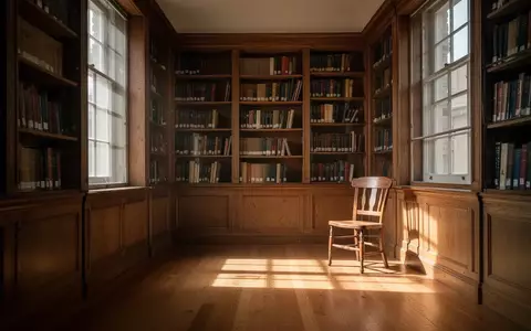 Eine ruhige, lichtdurchflutete Ecke in einer Bibliothek mit hohen Bücherregalen und einem leeren Stuhl. - Foto: über boerse-global.de