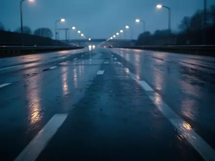 Verschwommene, regennasse Asphaltstraße bei Dämmerung mit Lichtreflexionen von Straßenlaternen. - Foto: über boerse-global.de