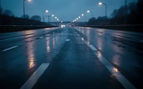 Verschwommene, regennasse AsphaltstraĂe bei DĂ€mmerung mit Lichtreflexionen von StraĂenlaternen. - Foto: ĂŒber boerse-global.de