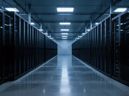 Leere Serverracks in einem modernen Hochleistungsrechenzentrum mit kühler, blauer Beleuchtung. - Foto: über boerse-global.de