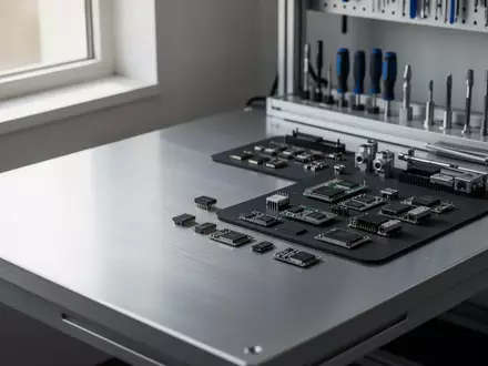 Ein aufgeräumter Arbeitsplatz mit elektronischen Bauteilen und Werkzeugen auf einer antistatischen Matte in natürlichem Licht. - Foto: über boerse-global.de
