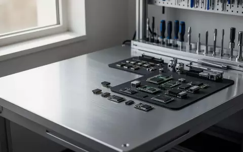 Ein aufgeräumter Arbeitsplatz mit elektronischen Bauteilen und Werkzeugen auf einer antistatischen Matte in natürlichem Licht. - Foto: über boerse-global.de
