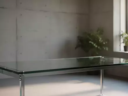 Ein minimalistischer, moderner Arbeitsplatz mit einem leeren Glastisch in einem lichtdurchfluteten, neutral gestalteten Raum. - Foto: über boerse-global.de