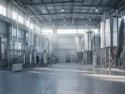 Weite, moderne Industriehalle mit Produktionsanlagen für chemische Vorstufen in einer sauberen, hellen Fertigungsumgebung. - Foto: über boerse-global.de