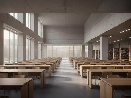 Leerer, minimalistischer Universitätslesesaal mit modernen Holztischen und natürlichem Lichteinfall. - Foto: über boerse-global.de