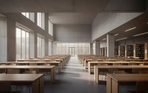 Leerer, minimalistischer Universitätslesesaal mit modernen Holztischen und natürlichem Lichteinfall. - Foto: über boerse-global.de