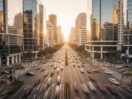 Ein belebter urbaner Straßenverkehr in einer modernen Stadt bei goldenem Licht, ohne sichtbare Schriftzüge oder Werbung. - Foto: über boerse-global.de