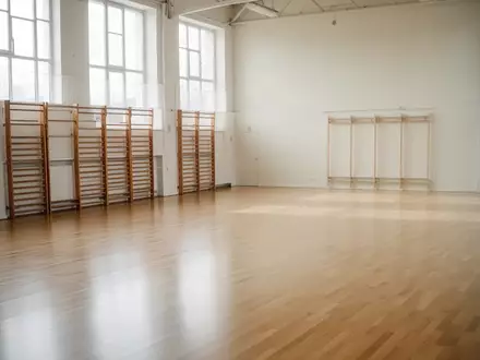Leere, helle Sporthalle mit Parkettboden und Sprossenwand an einer weißen Wand. - Foto: über boerse-global.de