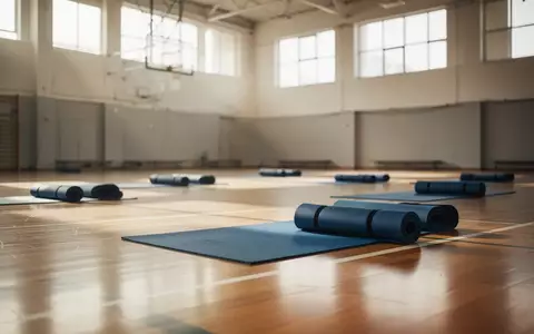 Ein heller, leerer Gymnastikraum mit Holzboden und zusammengerollten Sportmatten in einer ruhigen Sporthalle. - Foto: über boerse-global.de
