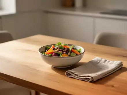 Eine minimalistisch gedeckte Holztafel mit einer frischen Bowl, aufgenommen in hellem, natürlichem Tageslicht. - Foto: über boerse-global.de