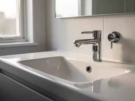Minimalistisches, helles Badezimmer mit Fokus auf saubere Oberflächen als Symbol für präventive Mundhygiene. - Foto: über boerse-global.de