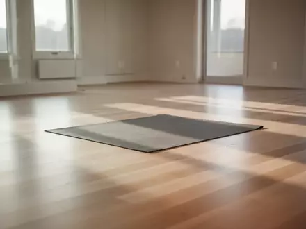 Ein minimalistischer, heller Trainingsraum mit einem ausgerollten Yogamatten-Bereich auf einem Holzboden. - Foto: über boerse-global.de