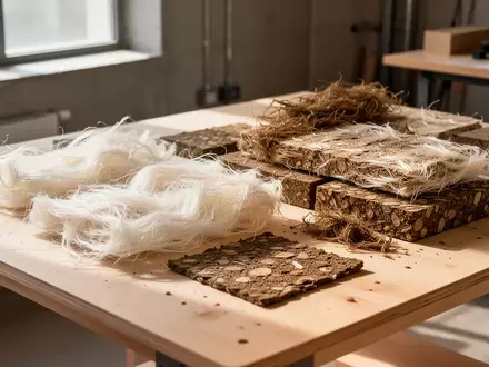 Nahaufnahme von organischen Zellulosefasern und nachhaltigen Rohmaterialien auf einem Holztisch in einem Design-Atelier. - Foto: über boerse-global.de