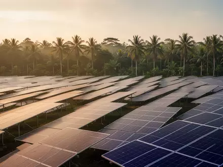 Moderne Solarpark-Anlage mit Photovoltaik-Modulen vor einer tropischen Landschaft in Malaysia bei Sonnenuntergang. - Foto: über boerse-global.de