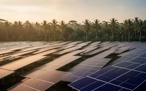 Moderne Solarpark-Anlage mit Photovoltaik-Modulen vor einer tropischen Landschaft in Malaysia bei Sonnenuntergang. - Foto: über boerse-global.de