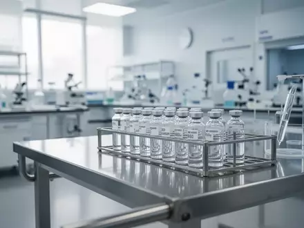 Ein steriles, modernes medizinisches Labor mit glänzenden Oberflächen und Glasfläschchen auf einem Edelstahltisch. - Foto: über boerse-global.de
