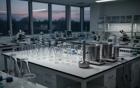 Ein ruhiges, modernes medizinisches Forschungslabor mit leeren Glasbechern und Laborgeräten in natürlichem Licht. - Foto: über boerse-global.de