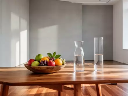Ein heller, minimalistischer Büroraum mit frischem Obst und Wasser auf einem Holztisch als Symbol für betriebliche Gesundheitsförderung. - Foto: über boerse-global.de