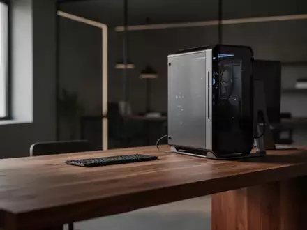 Ein minimalistischer Arbeitsplatz mit einem massiven Holztisch in einem ruhig beleuchteten, modernen Raum. - Foto: über boerse-global.de