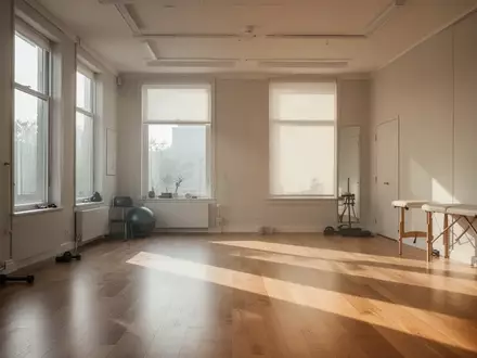 Ein heller, minimalistischer Bewegungsraum mit Holzboden und weichem Tageslicht, der eine ruhige Atmosphäre für Rehabilitation ausstrahlt. - Foto: über boerse-global.de