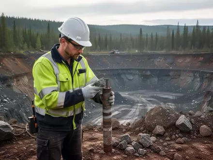 Geologe untersucht Gesteinsproben an einem abgelegenen Bergbaugelände in einer bewaldeten Landschaft. - Foto: über boerse-global.de