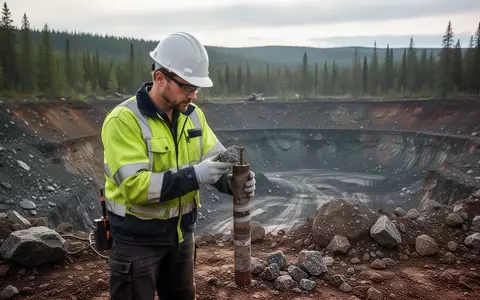 Geologe untersucht Gesteinsproben an einem abgelegenen Bergbaugelände in einer bewaldeten Landschaft. - Foto: über boerse-global.de