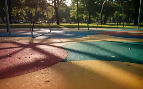 Bunter Spielplatzboden aus Gummi in einem Park bei natĂĽrlichem Tageslicht. - Foto: ĂĽber boerse-global.de