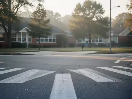 Eine leere Straßenkreuzung in der Nähe einer Schule mit einem Zebrastreifen bei Tageslicht. - Foto: über boerse-global.de