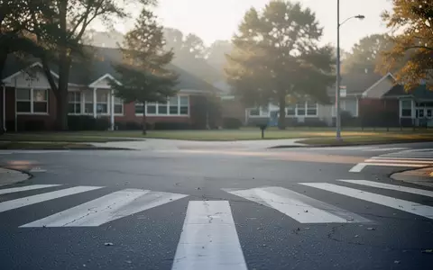 Eine leere Straßenkreuzung in der Nähe einer Schule mit einem Zebrastreifen bei Tageslicht. - Foto: über boerse-global.de