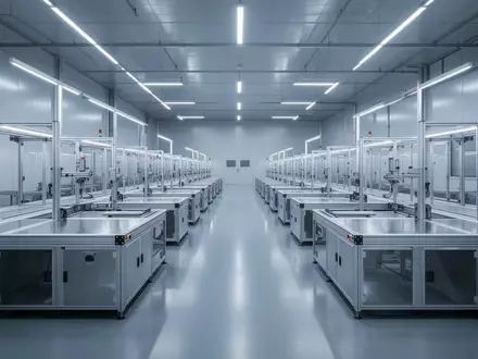 Eine weitläufige, hochmoderne Industriehalle mit leeren Montagestationen und präziser Architektur. - Foto: über boerse-global.de