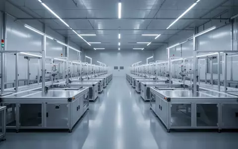 Eine weitläufige, hochmoderne Industriehalle mit leeren Montagestationen und präziser Architektur. - Foto: über boerse-global.de