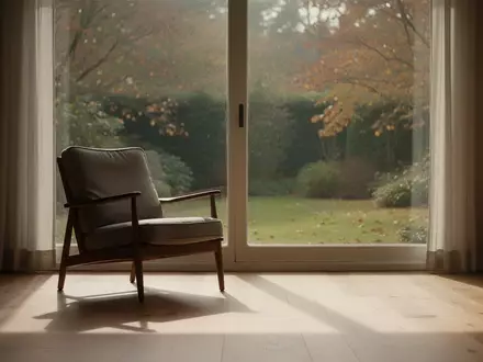 Ein ruhiges, sonnendurchflutetes Wohnzimmer mit einem leeren Sessel vor einem Fenster mit Blick in einen Garten. - Foto: über boerse-global.de