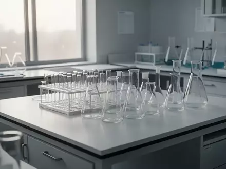 Ein steriles, modernes medizinisches Forschungslabor mit leeren Glasbechern und wissenschaftlichen Geräten auf einer sauberen Laborbank. - Foto: über boerse-global.de