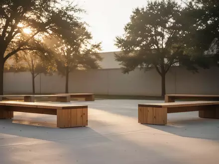 Ein leerer, sonnendurchfluteter Schulhof mit minimalistischen Holzbänken und Bäumen im Hintergrund. - Foto: über boerse-global.de