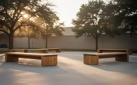 Ein leerer, sonnendurchfluteter Schulhof mit minimalistischen Holzbänken und Bäumen im Hintergrund. - Foto: über boerse-global.de