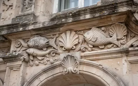 Detailaufnahme einer historischen Gebäudefassade mit Steinmetzarbeiten in Form von Fisch- und Muschelornamenten. - Foto: über boerse-global.de
