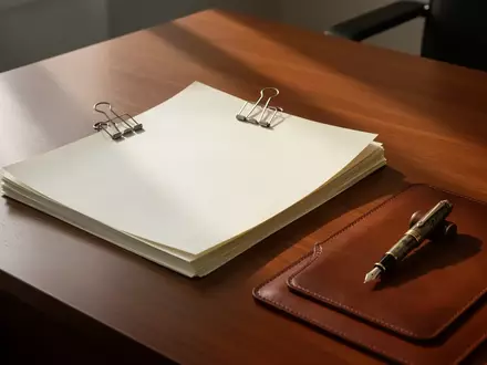 Ein minimalistischer Schreibtisch mit unbeschriebenen Rechtsdokumenten und einem Füllfederhalter in natürlichem Licht. - Foto: über boerse-global.de