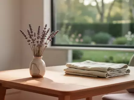 Ein minimalistischer Behandlungsraum mit natürlichem Licht, getrockneten Lavendelzweigen in einer Vase und Leinentüchern. - Foto: über boerse-global.de