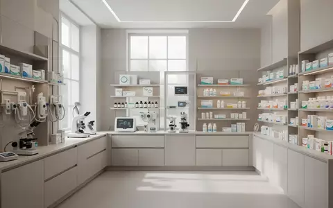 Modern eingerichtete Apotheke mit Regalen für medizinische Produkte und heller, steriler Atmosphäre. - Foto: über boerse-global.de