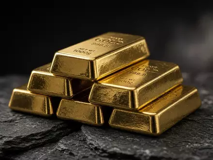 Gestapelte Goldbarren auf einer dunklen Schieferplatte bei natürlichem Licht. - Foto: über boerse-global.de