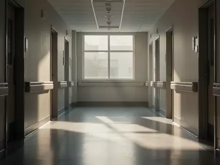Ein minimalistischer, leerer Krankenhausflur mit einfallendem Tageslicht und klaren architektonischen Linien. - Foto: über boerse-global.de