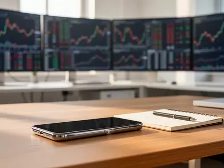 Ein moderner, heller Büroarbeitsplatz mit verschwommenen Börsencharts im Hintergrund bei natürlichem Tageslicht. - Foto: über boerse-global.de