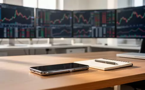 Ein moderner, heller Büroarbeitsplatz mit verschwommenen Börsencharts im Hintergrund bei natürlichem Tageslicht. - Foto: über boerse-global.de