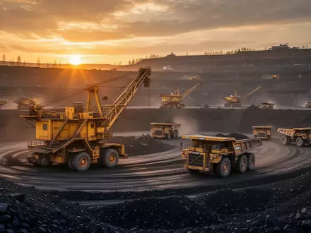 Große Bergbaumaschinen in einem Tagebau bei Sonnenuntergang. - Foto: über boerse-global.de