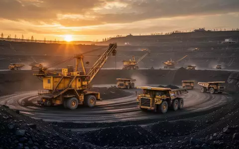 Große Bergbaumaschinen in einem Tagebau bei Sonnenuntergang. - Foto: über boerse-global.de