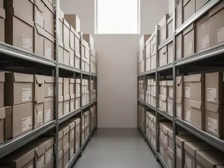 Stapel von Archivkartons in einem klimatisierten Lagerraum eines Literaturarchivs. - Foto: über boerse-global.de