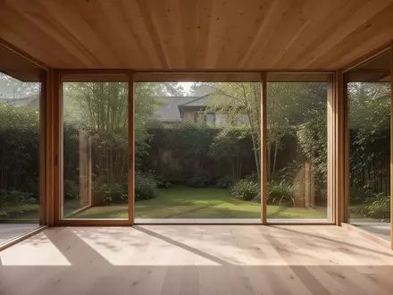 Ein minimalistischer, lichtdurchfluteter Innenraum eines Holzbungalows mit Blick in einen Garten. - Foto: über boerse-global.de