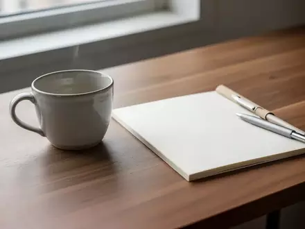 Ein minimalistischer Schreibtisch mit einer leeren Tasse und einem Notizbuch in sanftem Tageslicht. - Foto: über boerse-global.de