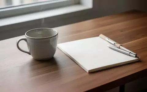 Ein minimalistischer Schreibtisch mit einer leeren Tasse und einem Notizbuch in sanftem Tageslicht. - Foto: über boerse-global.de