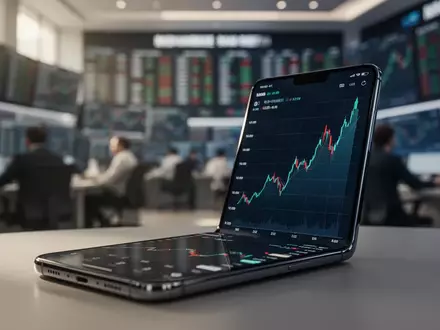 Ein Smartphone zeigt einen aufsteigenden Aktienchart vor dem unscharfen Hintergrund eines modernen Handelsraums. - Foto: über boerse-global.de